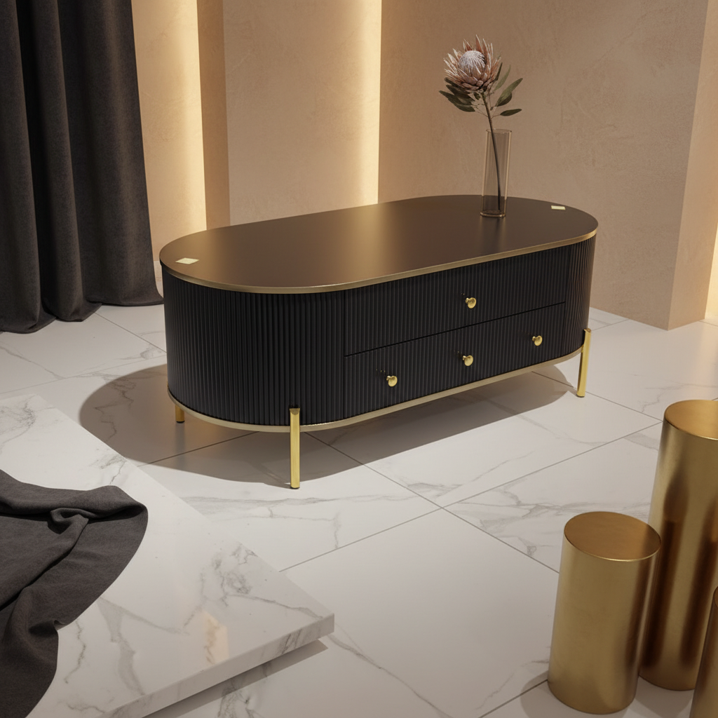 Modern & Luxe: "Modern Fluted Oval Coffee Table with Gold Accents and Storage Drawers"